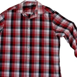 Van Heusen Studio Slim Fit Plaid Button Down Shirt Red Men Size 16-16.5 32/33